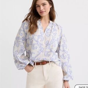 Loft Cotton Blend Paisley Jacquard Split Neck Blouse